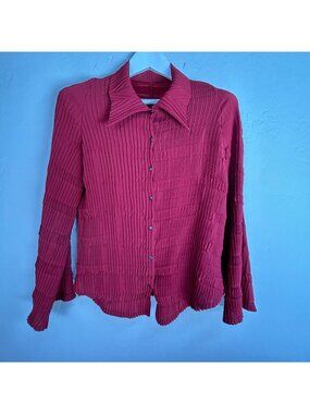 Babette Womens Red Textured Pleated Long Sleeve Button-Up Blouse XS Lightweight